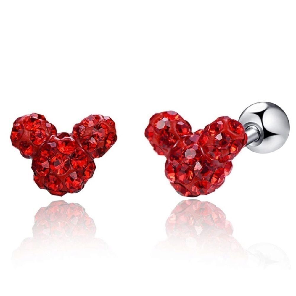 Silver 316L and Ruby Red Cubic Zirconia Mickey Mouse Screw Back Post Earrings